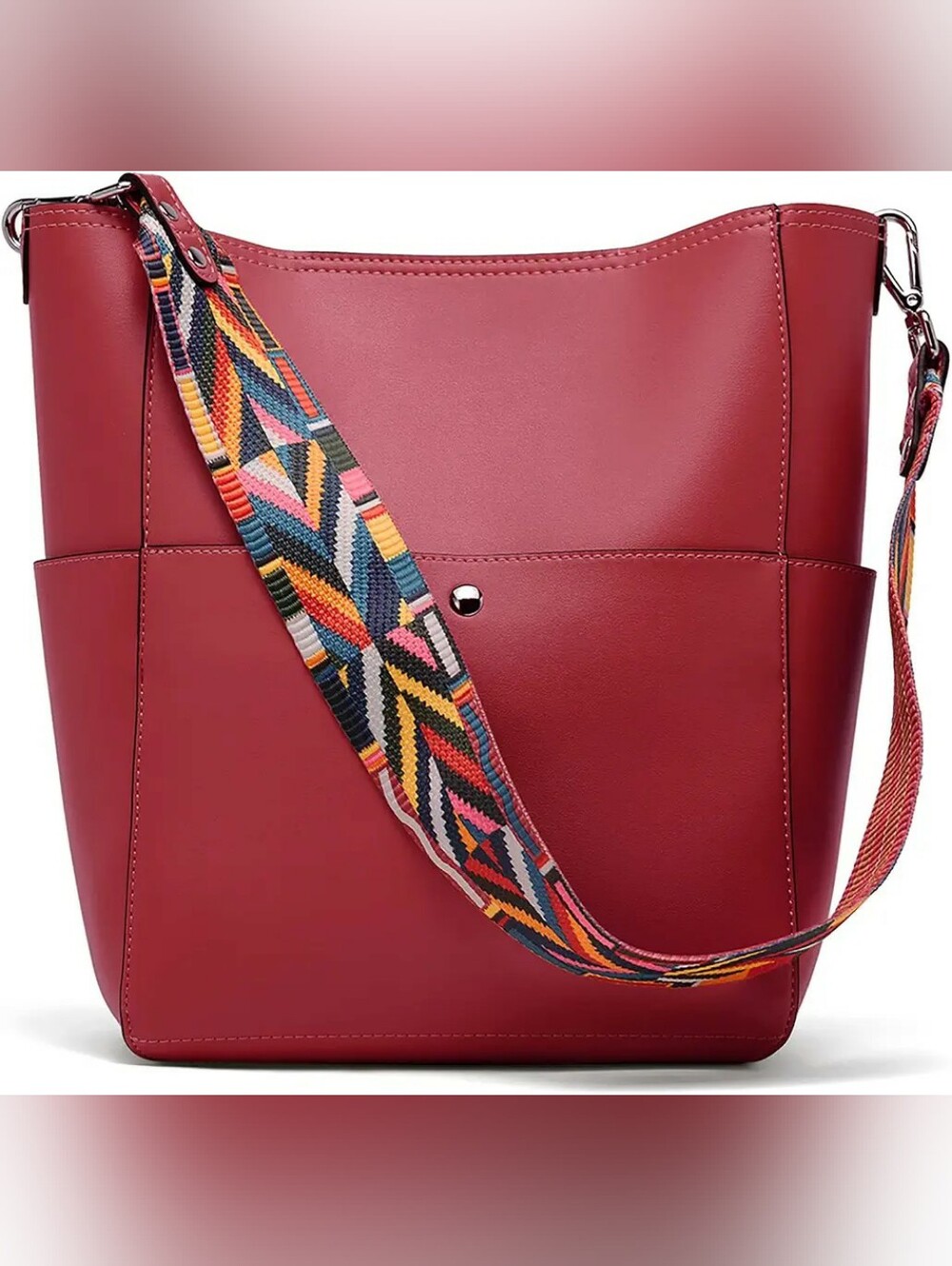 Bostanten Large Bucket Bag Hobo Red Vegan Leather Handbag Colored Strap